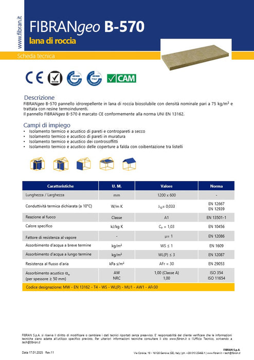 Lana roccia Fibrangeo B-570 Densità kg 75